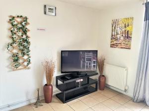 a living room with a television and a christmas tree at The HK House - Family Friendly Near To Blenheim Palace & Oxford City Centre in Kidlington