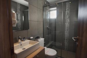 a bathroom with a sink and a shower and a toilet at Elements Rooms & Apartments in Athens