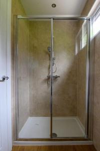a shower with a glass door in a bathroom at Lakeside Eco Lodge- 'Heron' in Bishampton