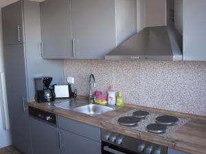 eine Küche mit Spüle und Arbeitsplatte in der Unterkunft Bahnhofstr Apartment in Castrop-Rauxel