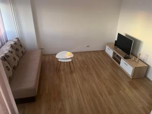 una pequeña sala de estar con sofá y TV en Apartman 9, en Voždivac