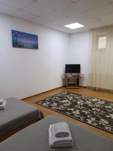 ムカチェヴォにあるApartments Domovik on Valenberga 3のベッド2台、薄型テレビが備わる客室です。