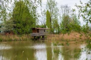 a house sitting on the side of a body of water at Lakeside Cabin on Stilts- 'Kingfisher' in Rous Lench