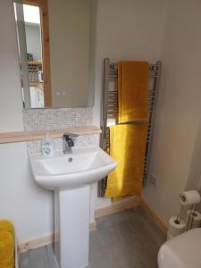 een badkamer met een wastafel en een spiegel bij The Toolshed in Daliburgh