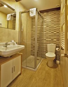La salle de bains est pourvue d'une douche, de toilettes et d'un lavabo. dans l'établissement Hostal Orialde, à Ochagavía