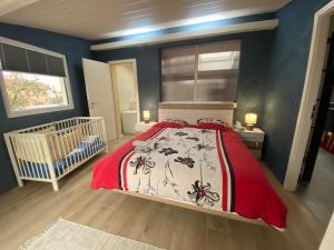 a bedroom with a bed with a spider themed blanket at Super appart piscine proche Genève in Viry