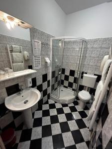 a bathroom with a shower and a sink and a toilet at Moto klub Brod in Slavonski Brod