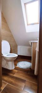 a bathroom with a toilet and a sink and a window at Chata pod kopcom in Žarnovica +17 photos