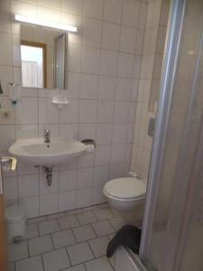 a white bathroom with a toilet and a sink at Pension zur Bergbahn in Lichtenhain