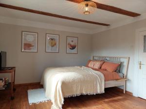 Schlafzimmer mit einem Bett und einem Deckenventilator in der Unterkunft Gemütliches Studio-Apartment in Ostseenähe - Cosy Wulfi in Probsteierhagen