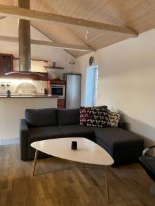Dejlig lejlighed في Svinninge: غرفة معيشة مع أريكة وطاولة قهوة