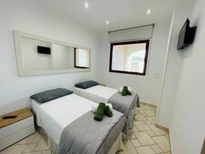 1 dormitorio con 2 camas, TV y ventana en prima lux, en Leverano