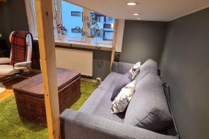 sala de estar con sofá gris y ventana en smart Studio Apartment 3 mins from Vigeland park en Oslo