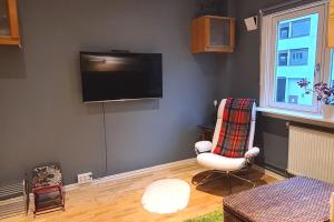 Sala de estar con silla y TV en la pared en smart Studio Apartment 3 mins from Vigeland park, en Oslo