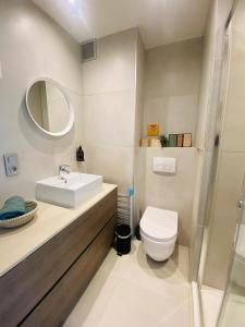 een badkamer met een wastafel, een toilet en een spiegel bij Studio Delfien in Oostduinkerke