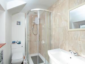 a bathroom with a shower and a sink and a toilet at Mews Cottage in Tintagel