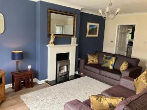 a living room with a couch and a fireplace at Ogilvie Lodge in Llandudno Junction