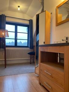 ein Wohnzimmer mit einer Kommode und einem Spiegel in der Unterkunft Peter House in Nivelles