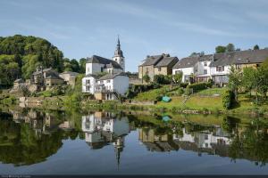 a town with houses and a reflection in the water at Sweet Home En Gaume in Chiny