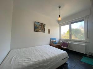 1 dormitorio con cama y ventana en Panchika, en Oostduinkerke