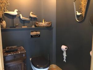 a bathroom with a toilet and a shelf with birds on the wall at Maison M, chambre privée accès jardin piscine et jacuzzi près de La Rochelle in La Rochelle
