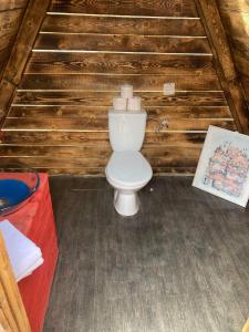 a bathroom with a toilet in a wooden cabin at Go Wild Glamping in Sibiu