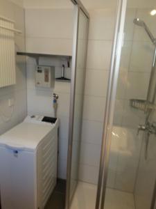 a bathroom with a shower and a washer and dryer at Ferienreihenhaus D, Ostseebad Dahme in Dahme