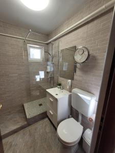 a bathroom with a toilet and a sink and a shower at 11 Baneasa Airport Apartament in Bucharest