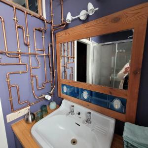 uma casa de banho com um lavatório e um espelho em L'Atelier Bed and Breakfast em Andrimont