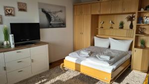 - une petite chambre avec un lit et une télévision dans l'établissement PEMATRA Ferienwohnung Seeschwalbe, à Travemünde