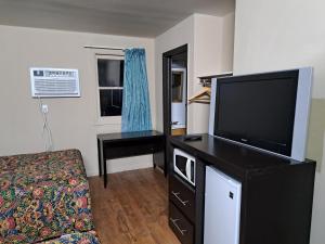 sala de estar con TV de pantalla plana y cama en Pennswoods Inn, en Manheim