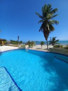 une grande piscine avec un palmier et l'océan dans l'établissement Beach View Palace, à Porlamar