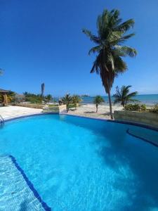 a large swimming pool with a palm tree and the ocean at Beach View Palace in Porlamar