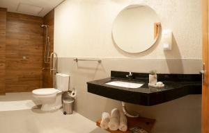 a bathroom with a sink and a toilet and a mirror at VIVARIUM APART HOTEL in Asunción