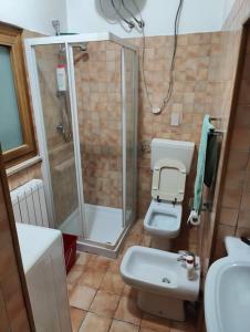 a bathroom with a shower and a toilet and a sink at Il rifugio del Bracconiere in Roccaraso
