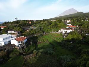 an aerial view of a village with a mountain at Casa dos Caldeiras in Lajes do Pico