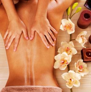 a woman with her hands on her back with flowers at Gite correze spa jaccuzi massage in Saint-Germain-les-Vergnes
