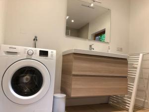 een wasmachine in een badkamer met een wastafel bij La Mouette Rose - a zen guest-house in Lauterbourg 