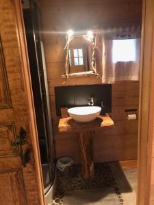 Baño pequeño con lavabo y espejo en La Cabane du Trappeur, en Ore