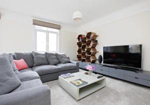 ロンドンにあるFabulous Hyde Park Mews Apartment London w2 MEWSのリビングルーム(灰色のソファ、テレビ付)