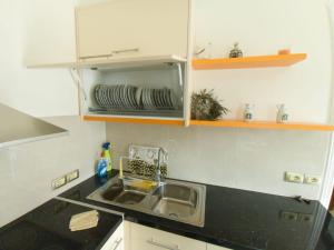 eine Küche mit einer Spüle und einer Arbeitsplatte in der Unterkunft Darius Apartment in Sarandë