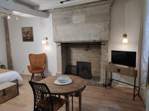 uma sala de estar com lareira e televisão em Studio * Le Petit Nicolas * em Périgueux