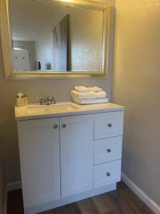 a bathroom with a white sink and a mirror at APM Inn and Suites in Winchester