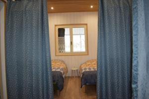 Pokój z 2 łóżkami, oknem i niebieskimi zasłonami w obiekcie Gîtes du Franc Rosier w mieście Rigny-Ussé
