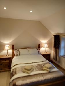 a bedroom with a bed with two lamps on two tables at Deuglawdd in Pwllheli