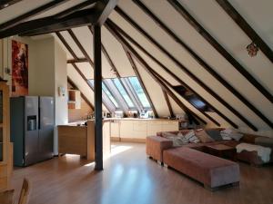 ein Wohnzimmer mit einem Sofa und einer Küche in der Unterkunft Ferienwohnung mit Charme in Bad Salzschlirf