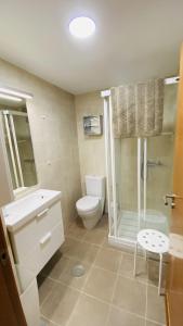 a bathroom with a toilet and a sink and a shower at Apartamento Playa de Barro in Barro de Llanes
