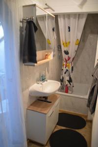 a bathroom with a sink and a mirror and a tub at Ferienwohnung unterm Horn in Immenstadt im Allgäu