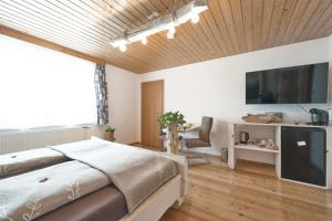 a bedroom with a bed and a tv on the wall at Xeis NeSt in Admont