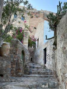an alley with stairs and flowers on a hill at MONOVASIA SUITES Anopolis in Monemvasia